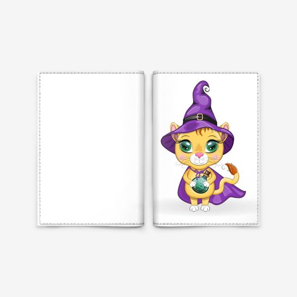 Обложка для паспорта «Львица-волшебница в фиолетовом плаще, остроконечной шляпе держит зелье»