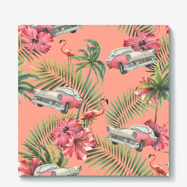 Холст «Ретро машина, цветы гибискуса, тропические листья, розовый фламинго. Акварельный паттерн.»