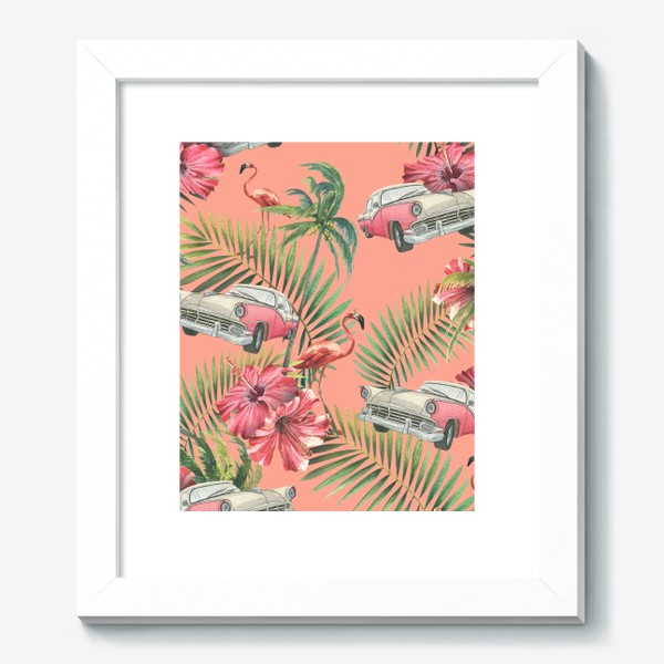 Картина «Ретро машина, цветы гибискуса, тропические листья, розовый фламинго. Акварельный паттерн.»
