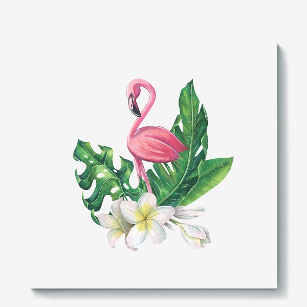 Холст «Розовый фламинго , цветы плюмерии, тропические листья. Акварельный.»