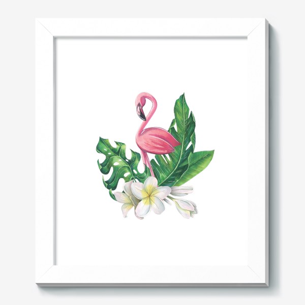 Картина «Розовый фламинго , цветы плюмерии, тропические листья. Акварельный.»