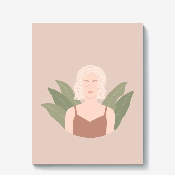 Холст «Девушка с веснушками и каре, портрет, растения, плоский минималистичный стиль»
