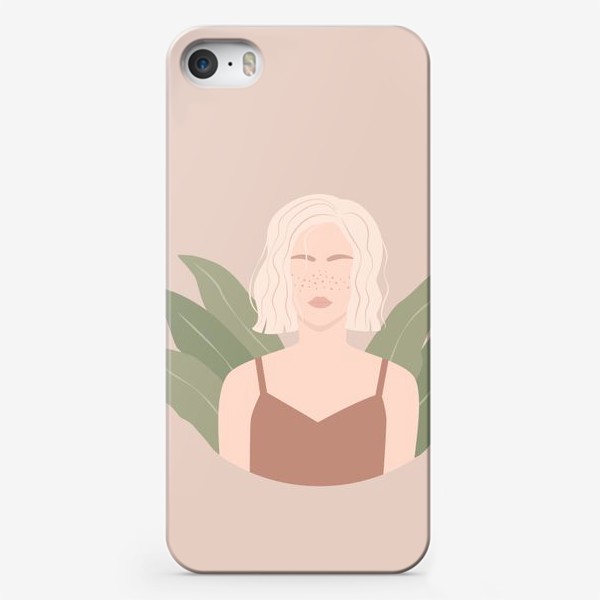 Чехол iPhone «Девушка с веснушками и каре, портрет, растения, плоский минималистичный стиль»