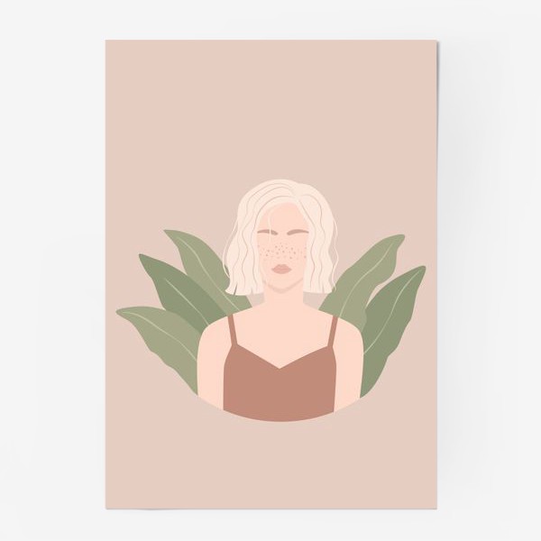 Постер «Девушка с веснушками и каре, портрет, растения, плоский минималистичный стиль»