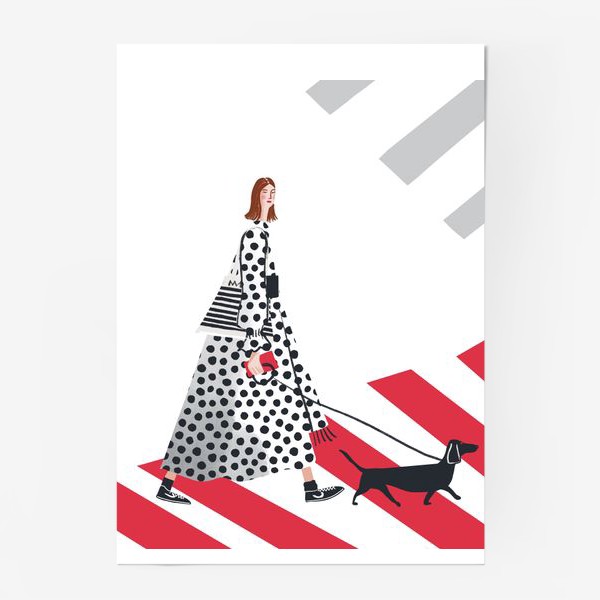 Постер «Девушка в длинном белом платье выгуливает собаку - коллаж на белом фоне»
