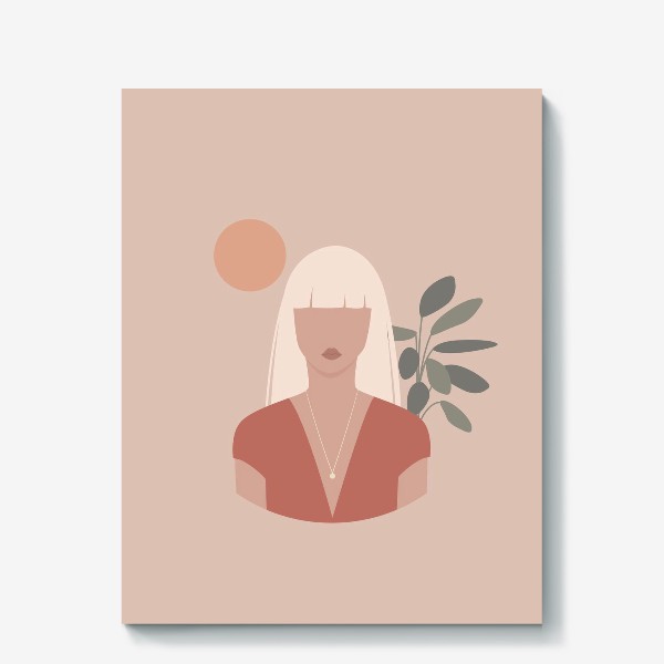 Холст &laquo;Девушка блондинка с длинными волосами, портрет, плоский минималистичный бохо стиль&raquo;