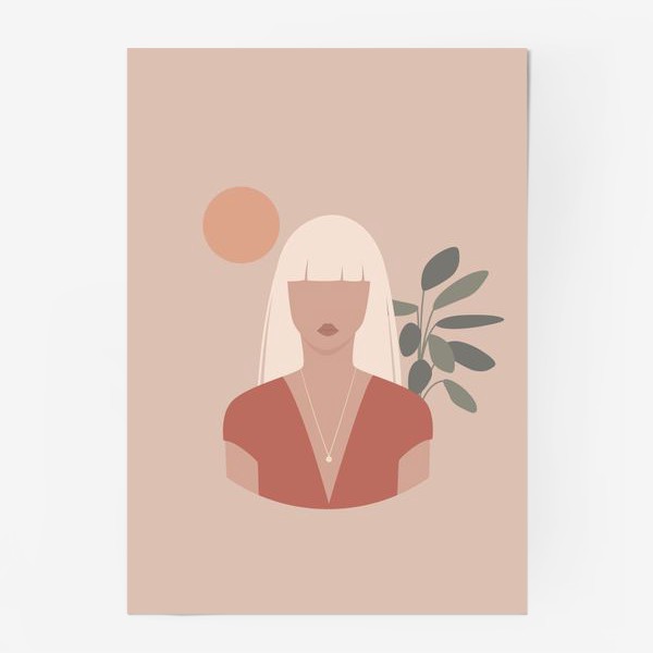 Постер «Девушка блондинка с длинными волосами, портрет, плоский минималистичный бохо стиль»