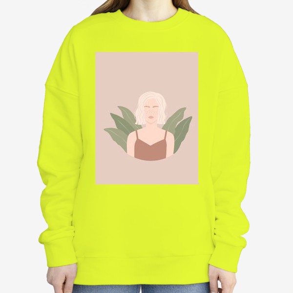 Свитшот «Девушка с веснушками и каре, портрет, растения, плоский минималистичный стиль»