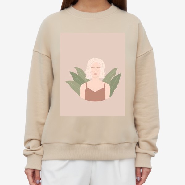 Свитшот &laquo;Девушка с веснушками и каре, портрет, растения, плоский минималистичный стиль&raquo;