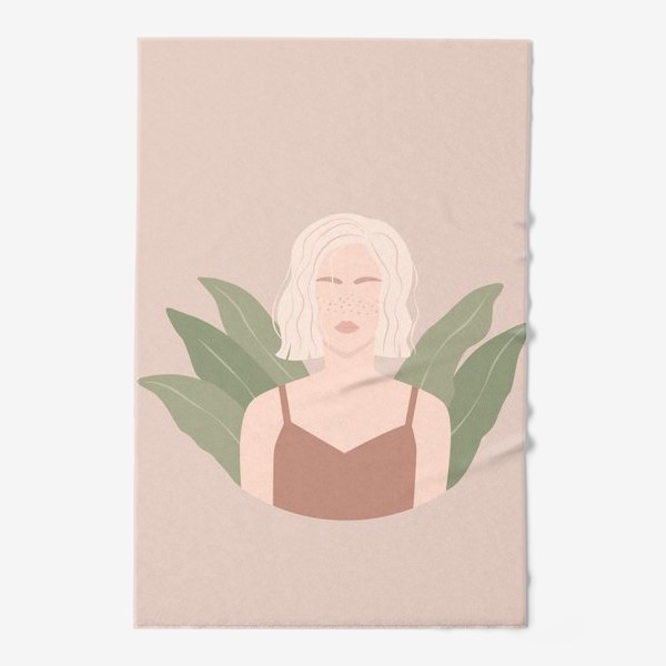 Полотенце «Девушка с веснушками и каре, портрет, растения, плоский минималистичный стиль»