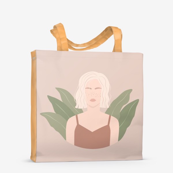 Сумка-шоппер &laquo;Девушка с веснушками и каре, портрет, растения, плоский минималистичный стиль&raquo;