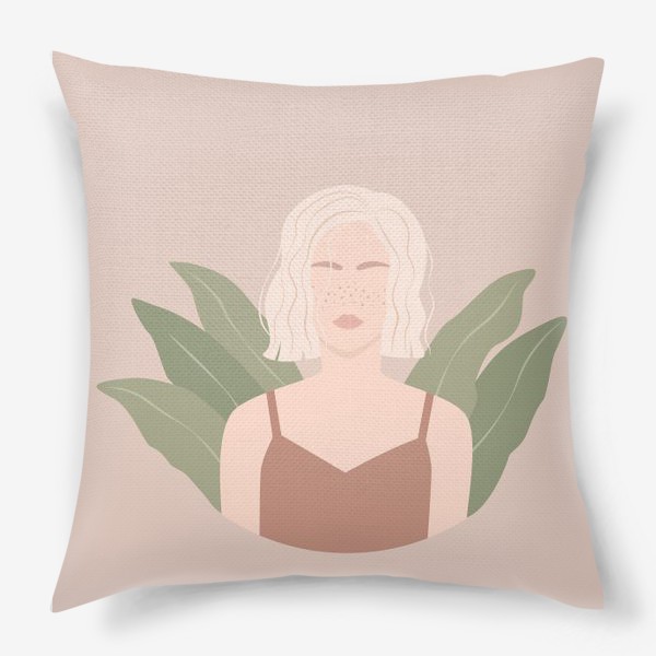 Подушка «Девушка с веснушками и каре, портрет, растения, плоский минималистичный стиль»