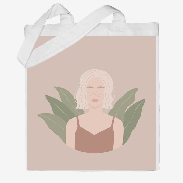 Сумка хб «Девушка с веснушками и каре, портрет, растения, плоский минималистичный стиль»