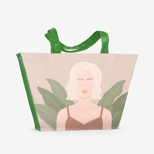 Пляжная сумка &laquo;Девушка с веснушками и каре, портрет, растения, плоский минималистичный стиль&raquo;