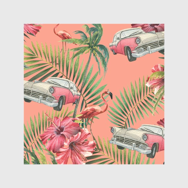 Шторы «Ретро машина, цветы гибискуса, тропические листья, розовый фламинго. Акварельный паттерн.»