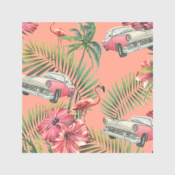 Скатерть «Ретро машина, цветы гибискуса, тропические листья, розовый фламинго. Акварельный паттерн.»