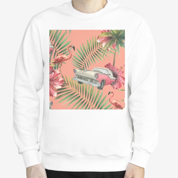 Свитшот «Ретро машина, цветы гибискуса, тропические листья, розовый фламинго. Акварельный паттерн.»