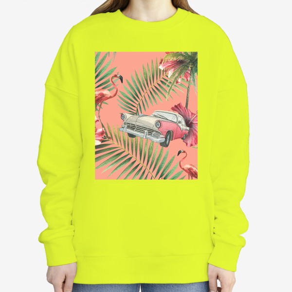 Свитшот «Ретро машина, цветы гибискуса, тропические листья, розовый фламинго. Акварельный паттерн.»