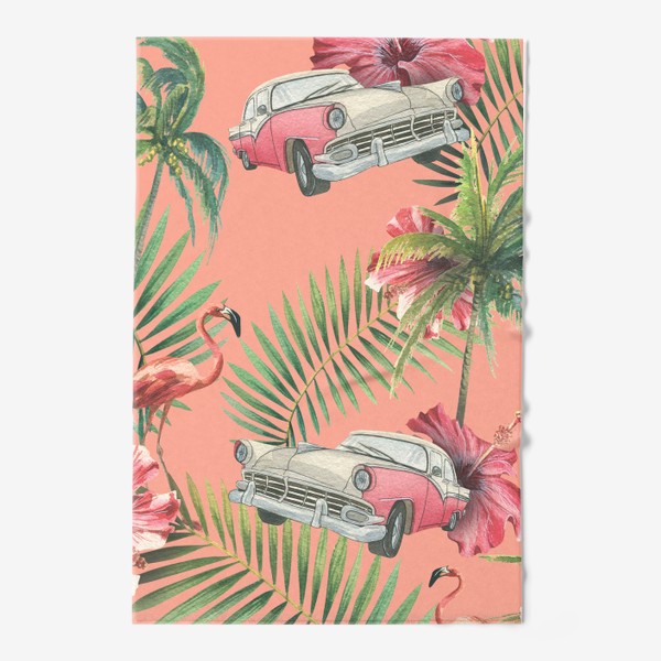 Полотенце «Ретро машина, цветы гибискуса, тропические листья, розовый фламинго. Акварельный паттерн.»