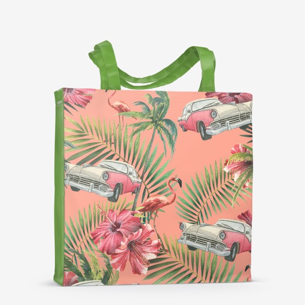 Сумка-шоппер «Ретро машина, цветы гибискуса, тропические листья, розовый фламинго. Акварельный паттерн.»