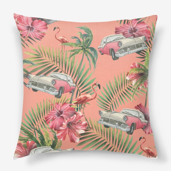 Подушка «Ретро машина, цветы гибискуса, тропические листья, розовый фламинго. Акварельный паттерн.»