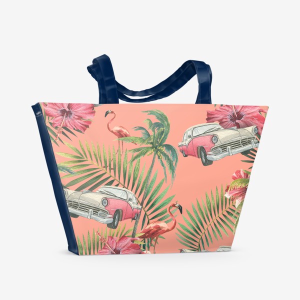 Пляжная сумка «Ретро машина, цветы гибискуса, тропические листья, розовый фламинго. Акварельный паттерн.»