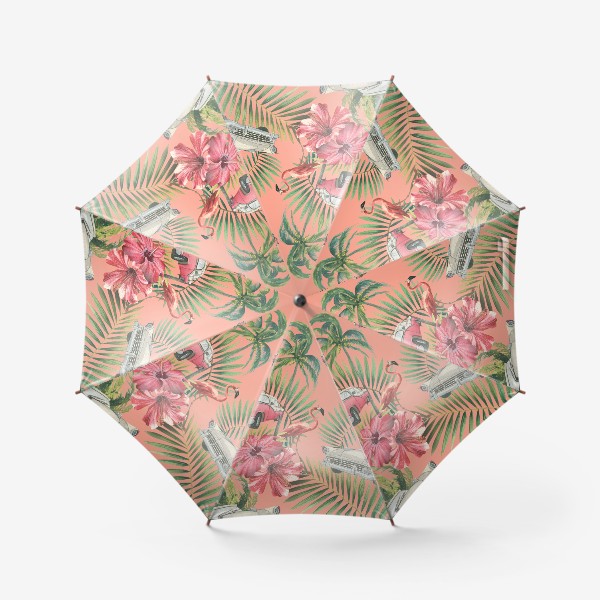 Зонт &laquo;Ретро машина, цветы гибискуса, тропические листья, розовый фламинго. Акварельный паттерн.&raquo;
