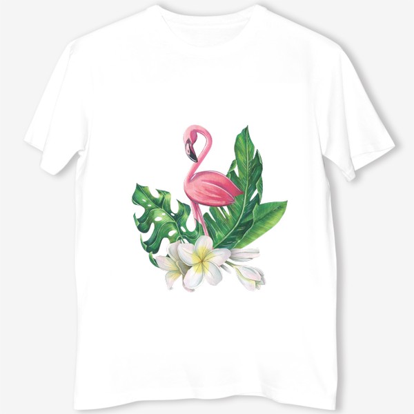 Футболка «Розовый фламинго , цветы плюмерии, тропические листья. Акварельный.»