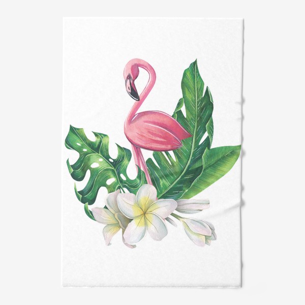 Полотенце &laquo;Розовый фламинго , цветы плюмерии, тропические листья. Акварельный.&raquo;