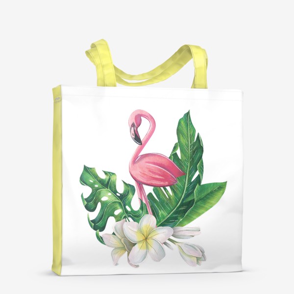 Сумка-шоппер &laquo;Розовый фламинго , цветы плюмерии, тропические листья. Акварельный.&raquo;