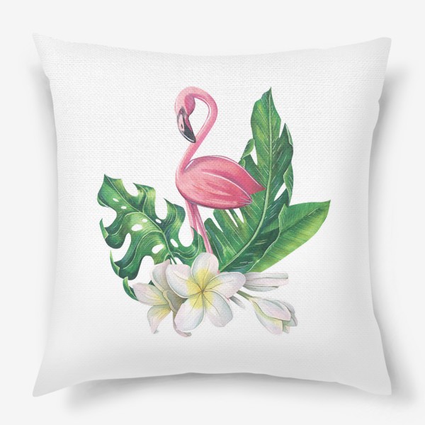 Подушка &laquo;Розовый фламинго , цветы плюмерии, тропические листья. Акварельный.&raquo;