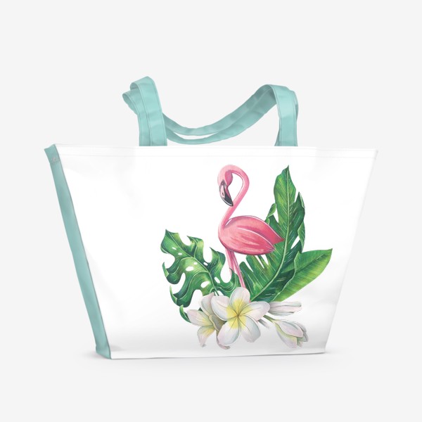 Пляжная сумка &laquo;Розовый фламинго , цветы плюмерии, тропические листья. Акварельный.&raquo;