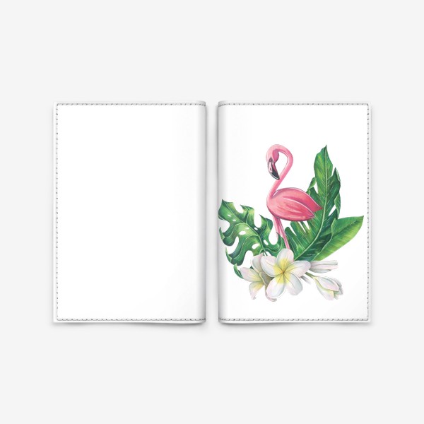 Обложка для паспорта «Розовый фламинго , цветы плюмерии, тропические листья. Акварельный.»