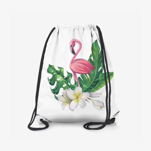 Рюкзак &laquo;Розовый фламинго , цветы плюмерии, тропические листья. Акварельный.&raquo;