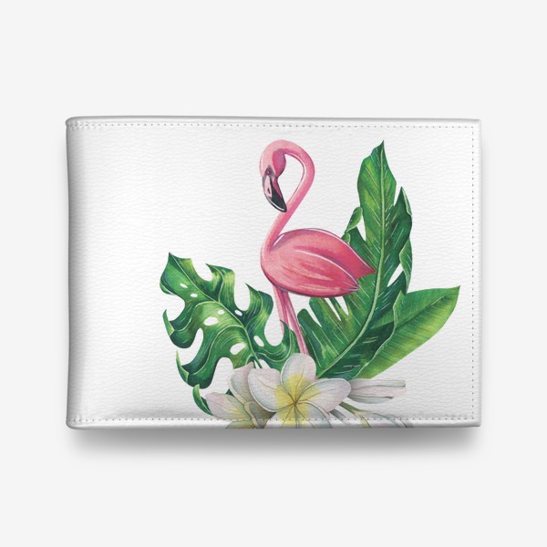 Кошелек «Розовый фламинго , цветы плюмерии, тропические листья. Акварельный.»
