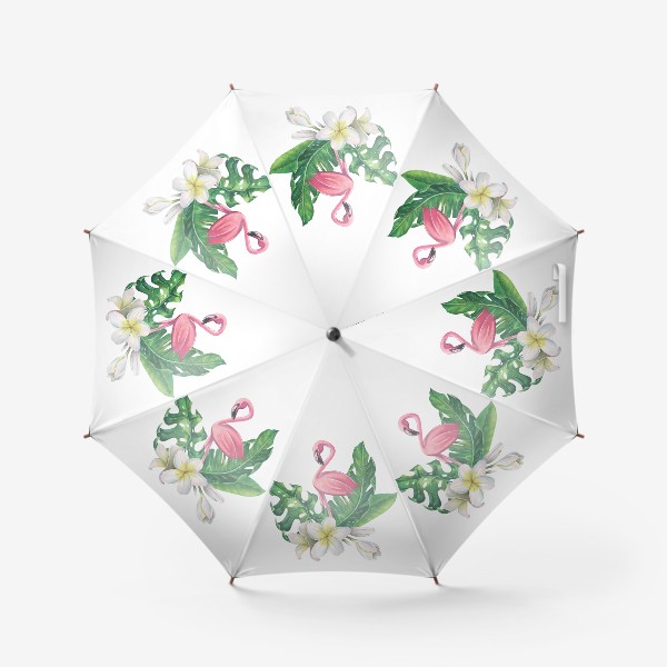 Зонт &laquo;Розовый фламинго , цветы плюмерии, тропические листья. Акварельный.&raquo;