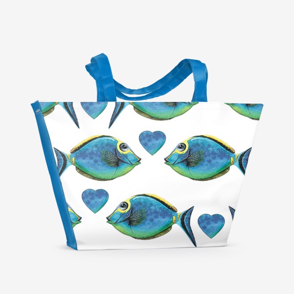 Пляжная сумка &laquo;Тропические, морские, коралловые рыбки. Акварельный паттерн.&raquo;