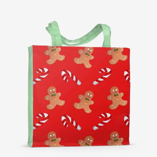 Сумка-шоппер «Новогодний принт с пряниками и конфетами на красном фоне»