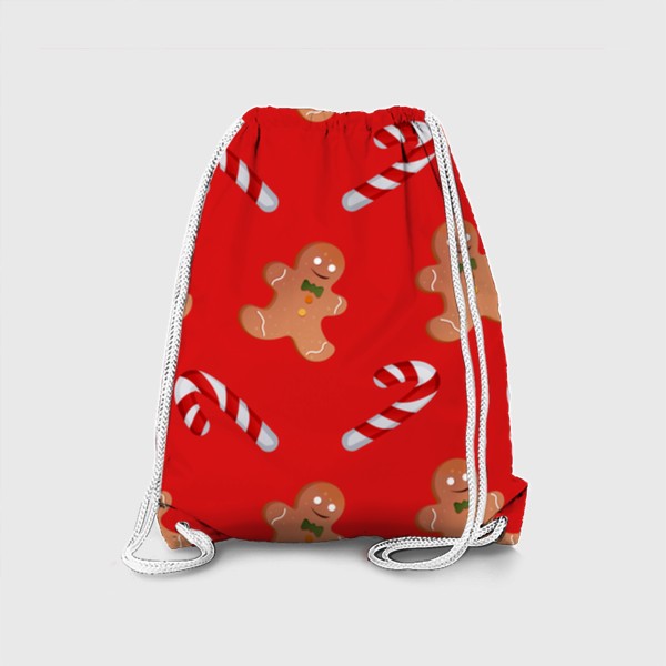Рюкзак «Новогодний принт с пряниками и конфетами на красном фоне»