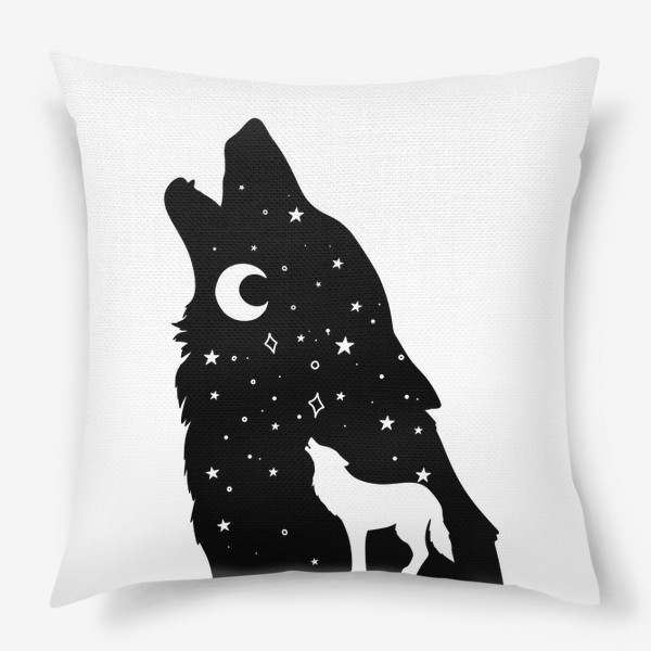 Подушка &laquo;волк воющий на луну, черная звездная голова с ночным небом и телом волка, серия магические животные&raquo;