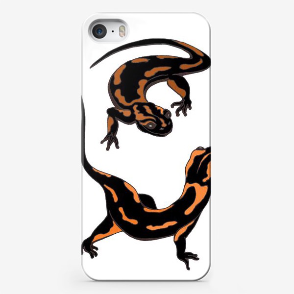 Чехол iPhone «Pair of playing black salamanders with fiery orange spots - Пара играющих черных саламандр с огненно-оранжевыми пятнами»