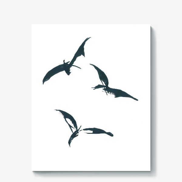 Холст «Set of abstract black birds in Japanese style- Набор абстрактных стилизованных летящих черно-белых птиц в японском стиле»