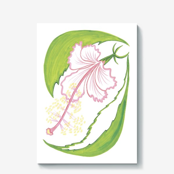 Холст &laquo;Pink flower with long pistil and emerald leaves - Бело-розовый цветок гибискуса со светло-изумрудными листьями&raquo;