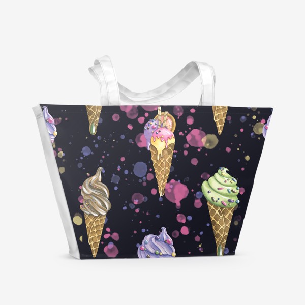 Пляжная сумка «Мороженое в вафельных рожках. Акварельный паттерн.»