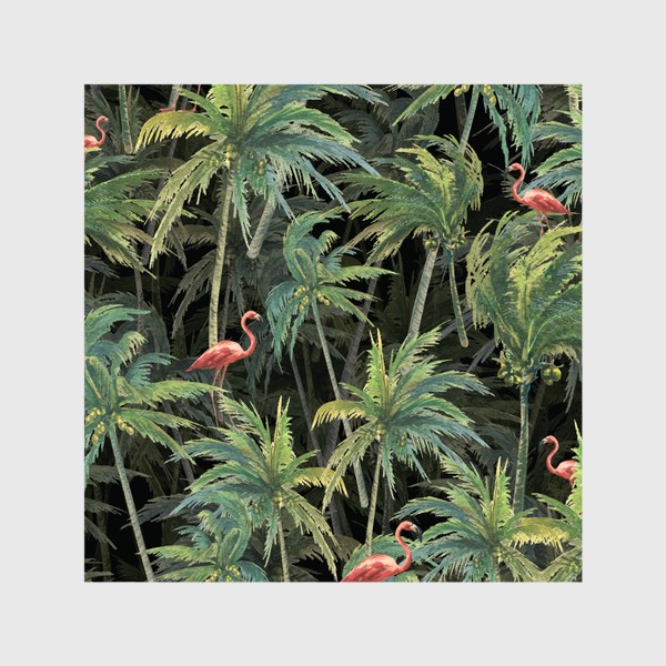Шторы &laquo;Тропический лес, пальмы, розовый фламинго. Акварельный паттерн.&raquo;