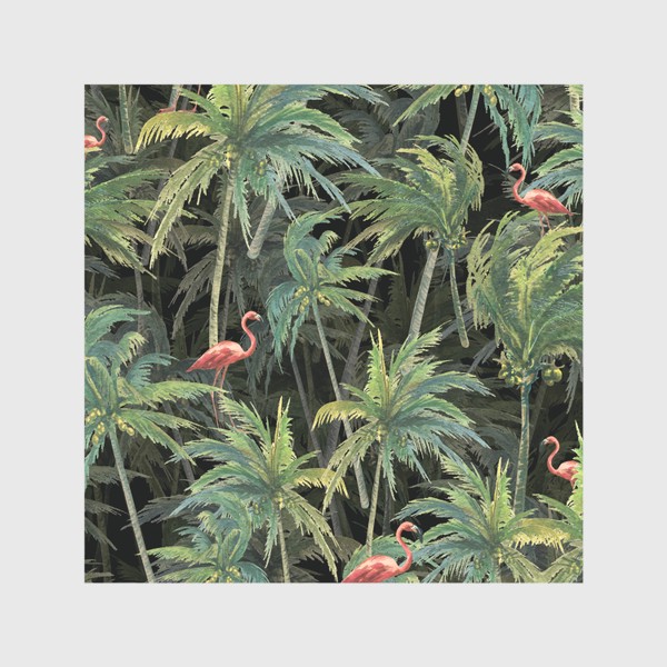 Скатерть &laquo;Тропический лес, пальмы, розовый фламинго. Акварельный паттерн.&raquo;