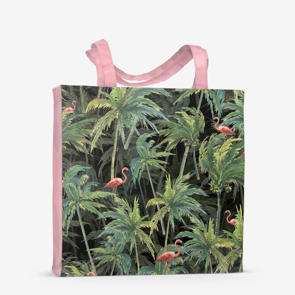 Сумка-шоппер «Тропический лес, пальмы, розовый фламинго. Акварельный паттерн.»