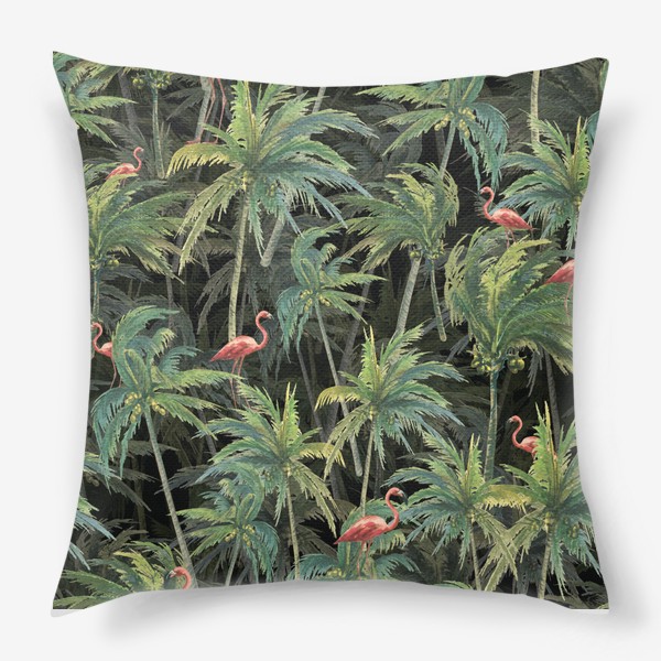 Подушка «Тропический лес, пальмы, розовый фламинго. Акварельный паттерн.»
