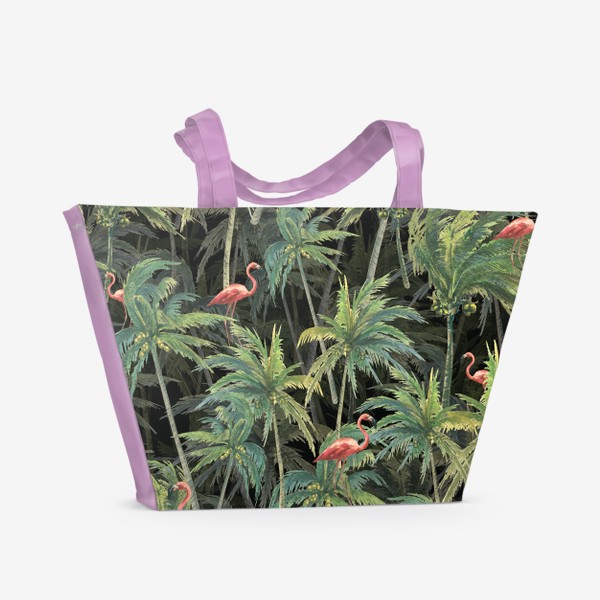 Пляжная сумка «Тропический лес, пальмы, розовый фламинго. Акварельный паттерн.»