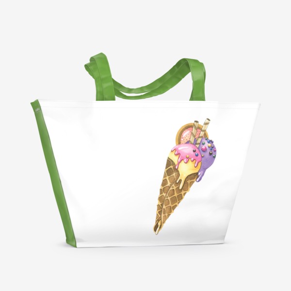 Пляжная сумка «Мороженое в рожке со сладостями. Акварель.»